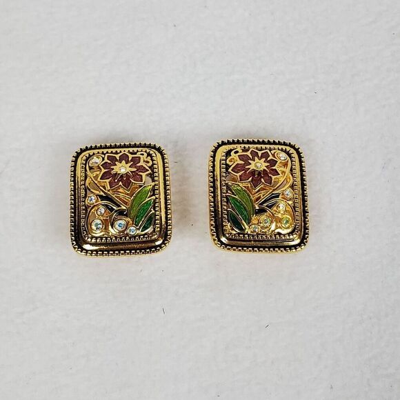Signed JOAN RIVERS Enamel Rhinestone Floral Picture Frame Clip Earrings - Picture 1 of 4